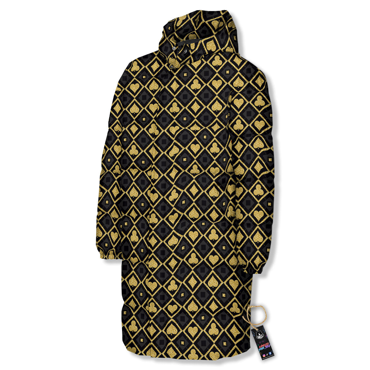 Playing Card Suits Gold Print Pattern Long Down Jacket-grizzshop