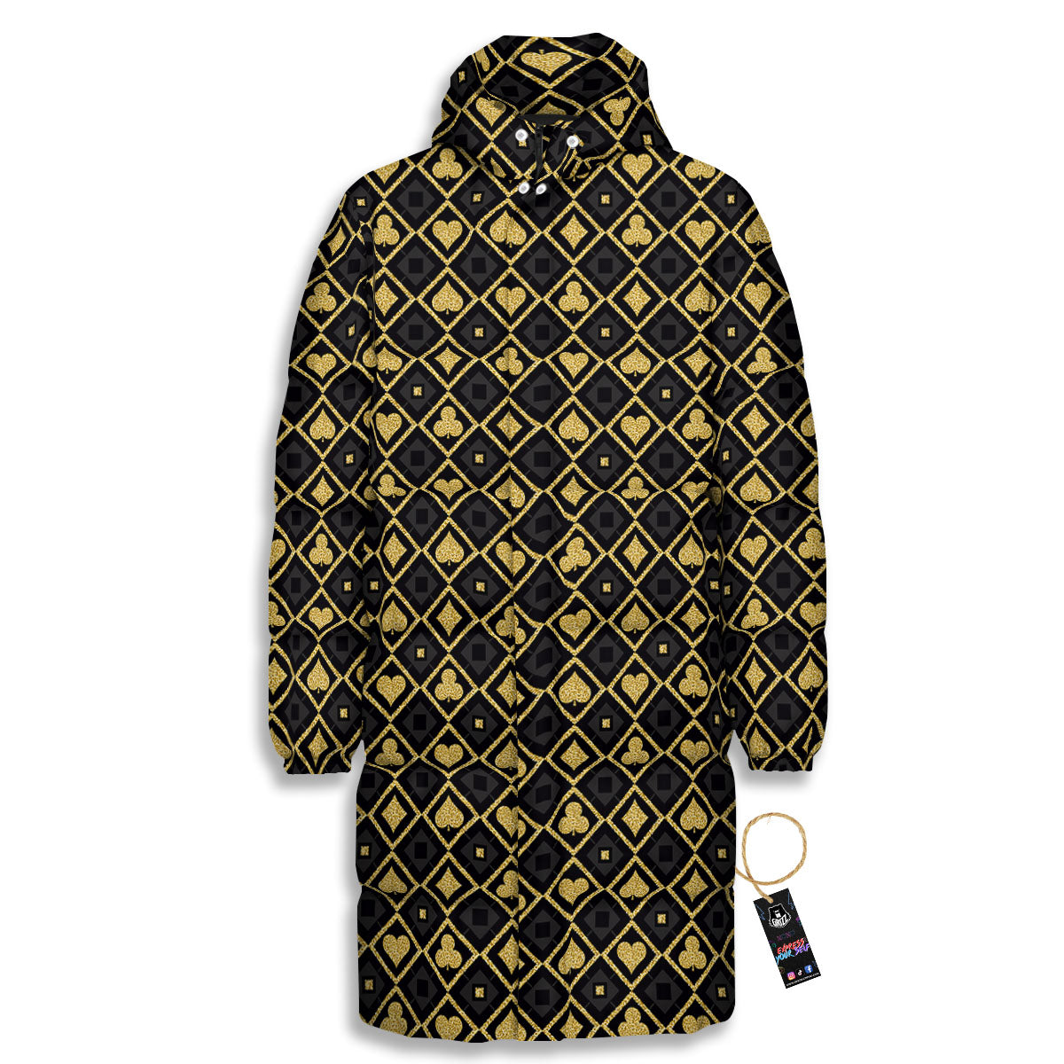 Playing Card Suits Gold Print Pattern Long Down Jacket-grizzshop