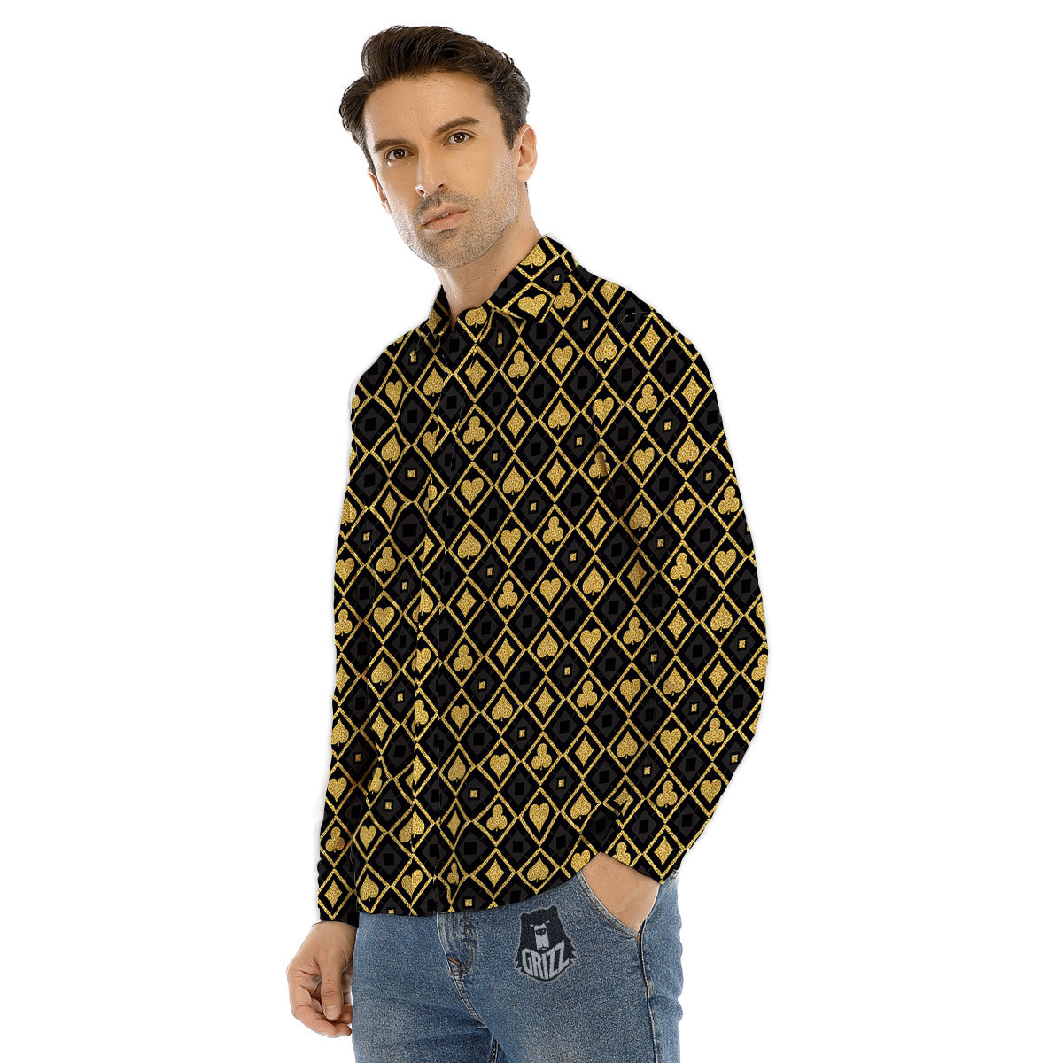 Playing Card Suits Gold Print Pattern Men's Dress Shirts-grizzshop