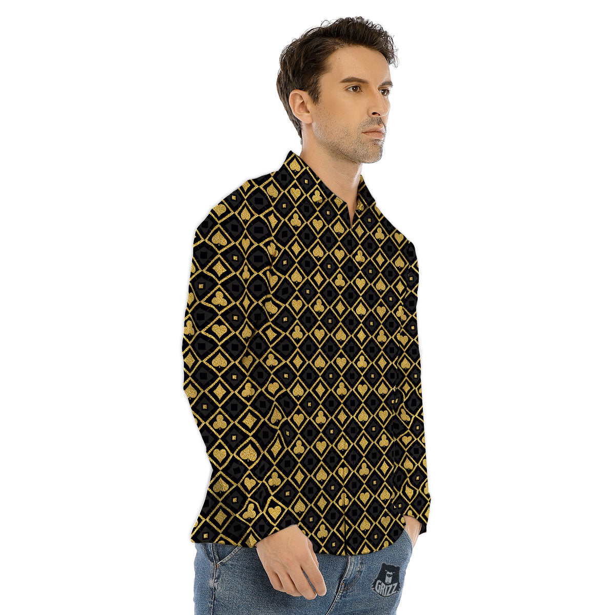 Playing Card Suits Gold Print Pattern Men's Dress Shirts-grizzshop