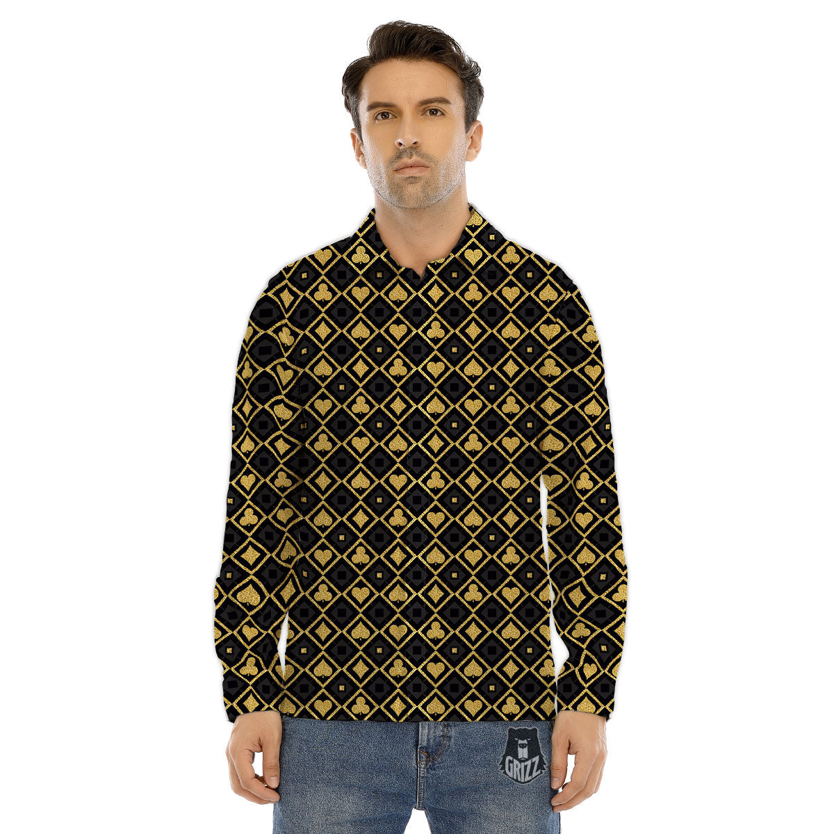 Playing Card Suits Gold Print Pattern Men's Dress Shirts-grizzshop