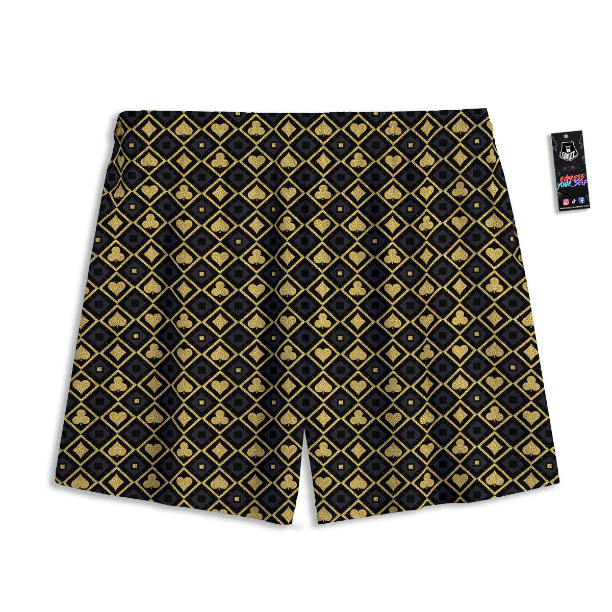 Playing Card Suits Gold Print Pattern Mesh Shorts