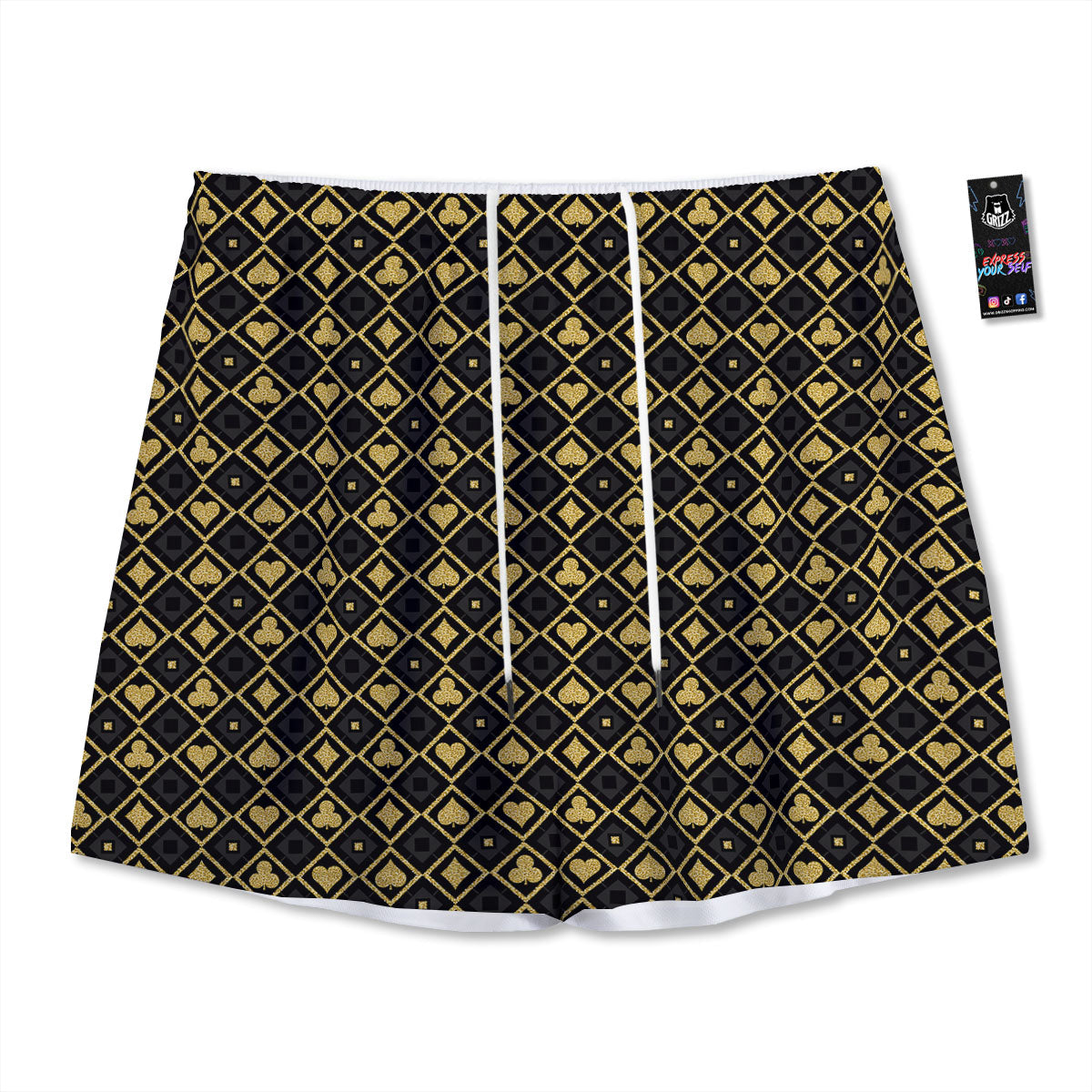 Playing Card Suits Gold Print Pattern Mesh Shorts