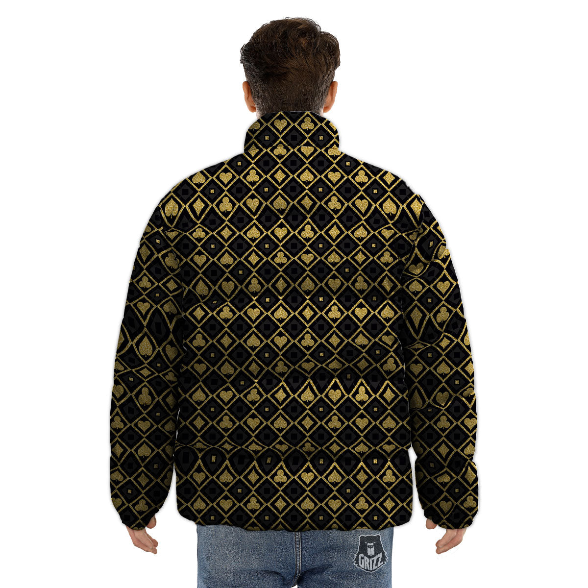 Playing Card Suits Gold Print Pattern Puffer Jacket-grizzshop