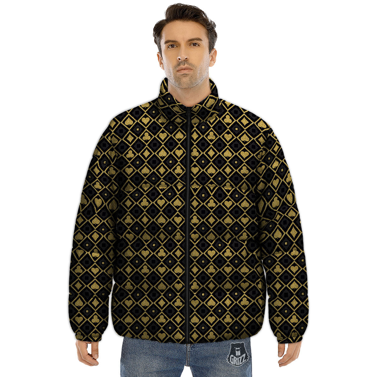 Playing Card Suits Gold Print Pattern Puffer Jacket-grizzshop