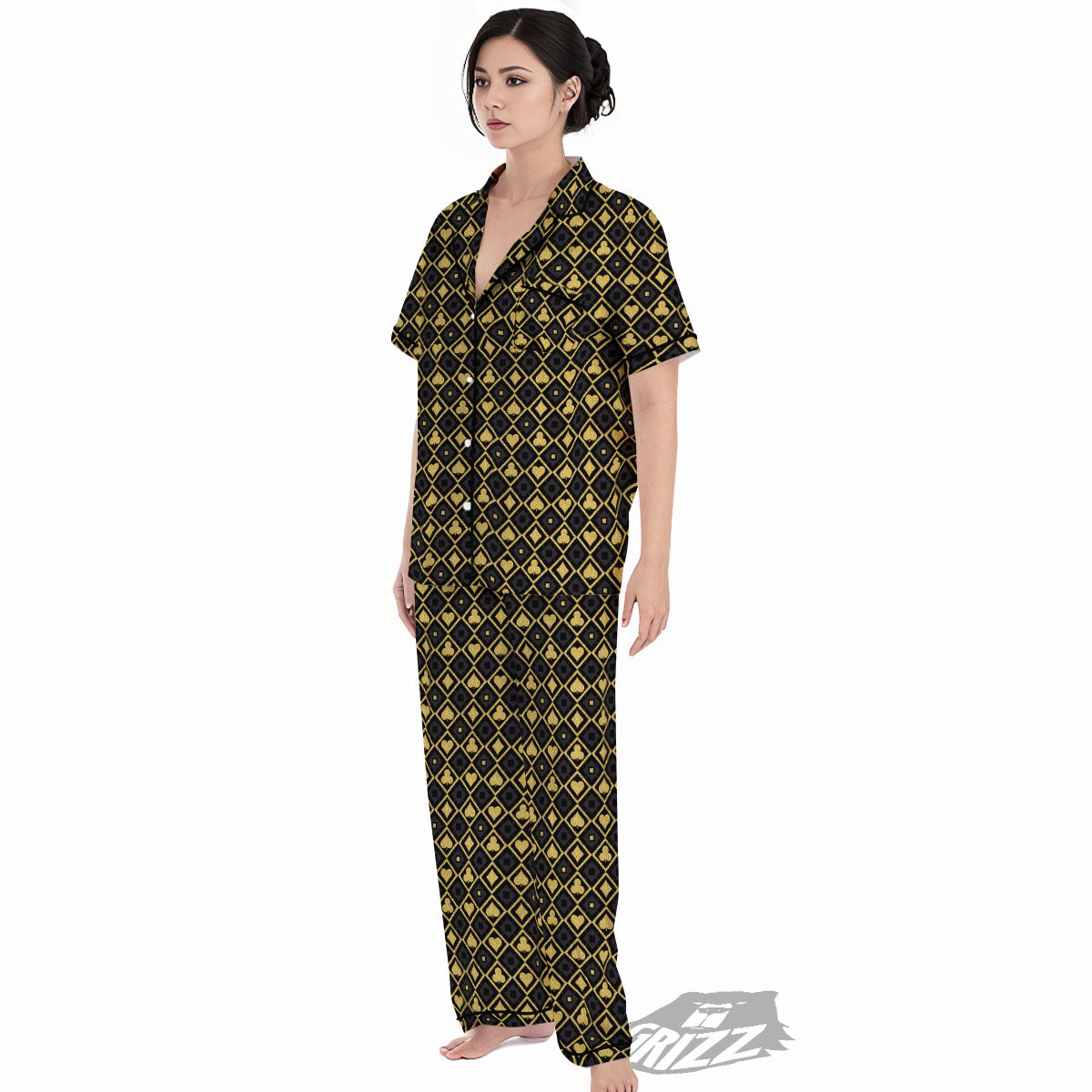 Playing Card Suits Gold Print Pattern Women's Pajamas Set-grizzshop