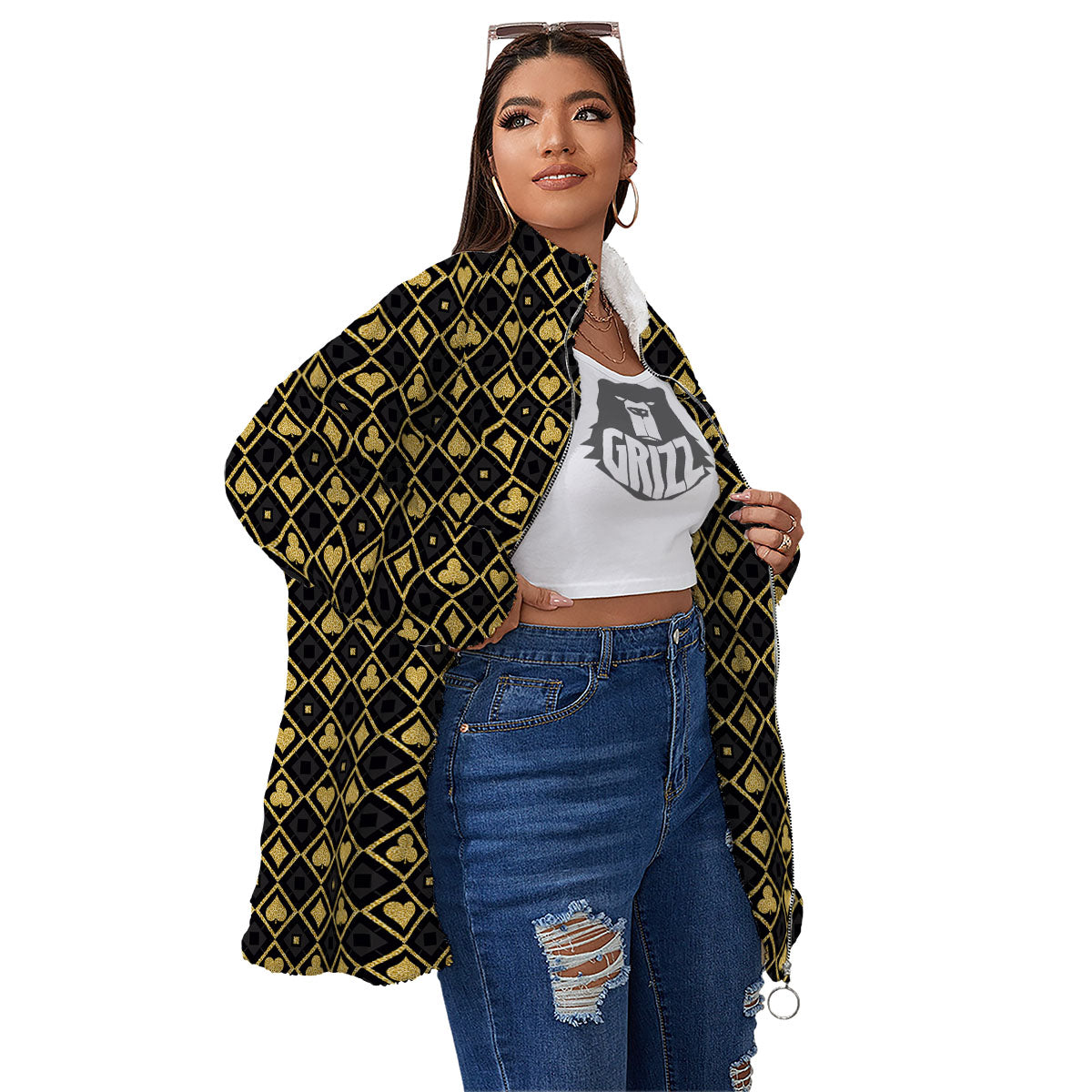 Playing Card Suits Gold Print Pattern Women's Sherpa Jacket-grizzshop