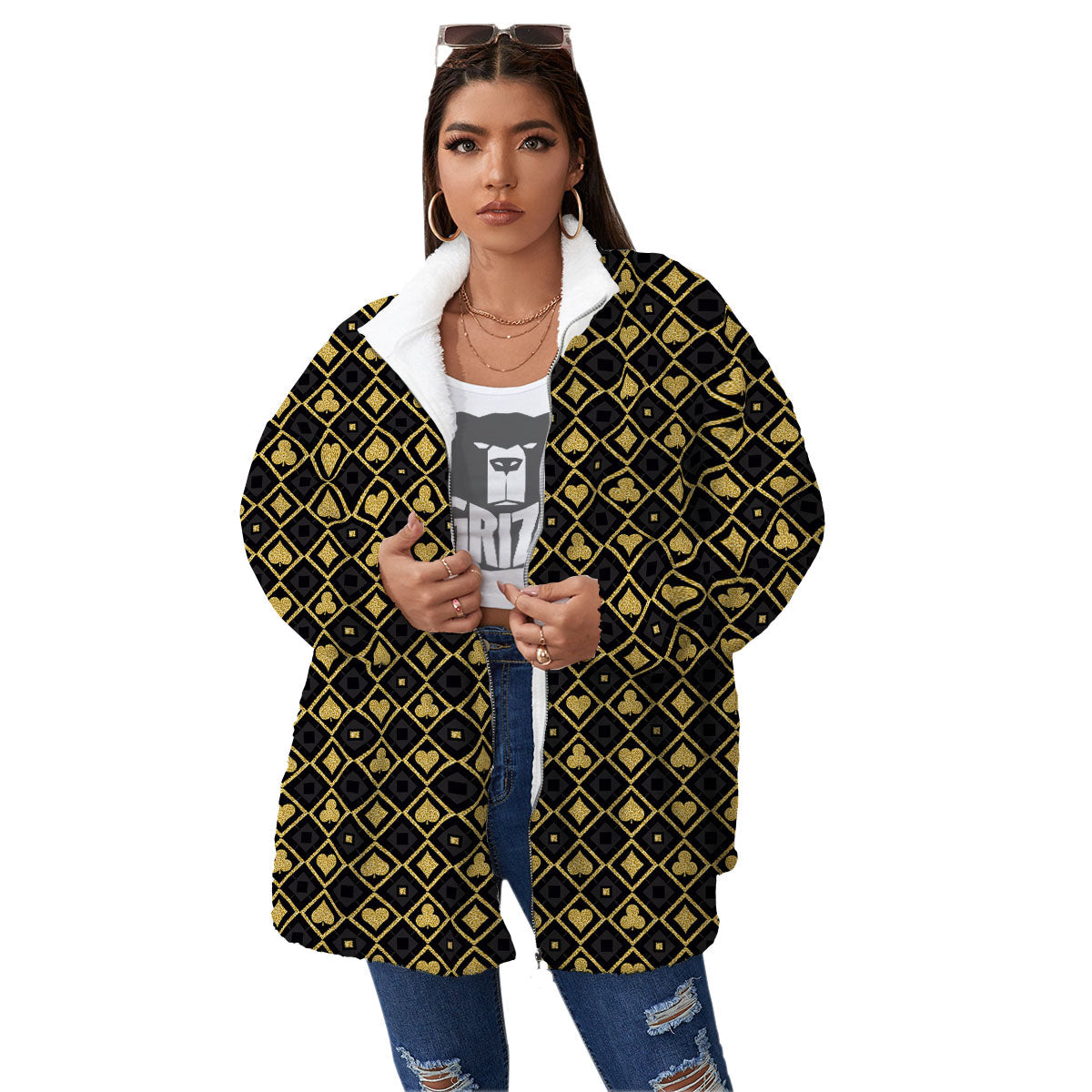 Playing Card Suits Gold Print Pattern Women's Sherpa Jacket-grizzshop