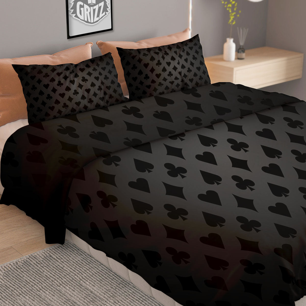 Playing Card Suits Grey And Black Print Duvet Cover Bedding Set