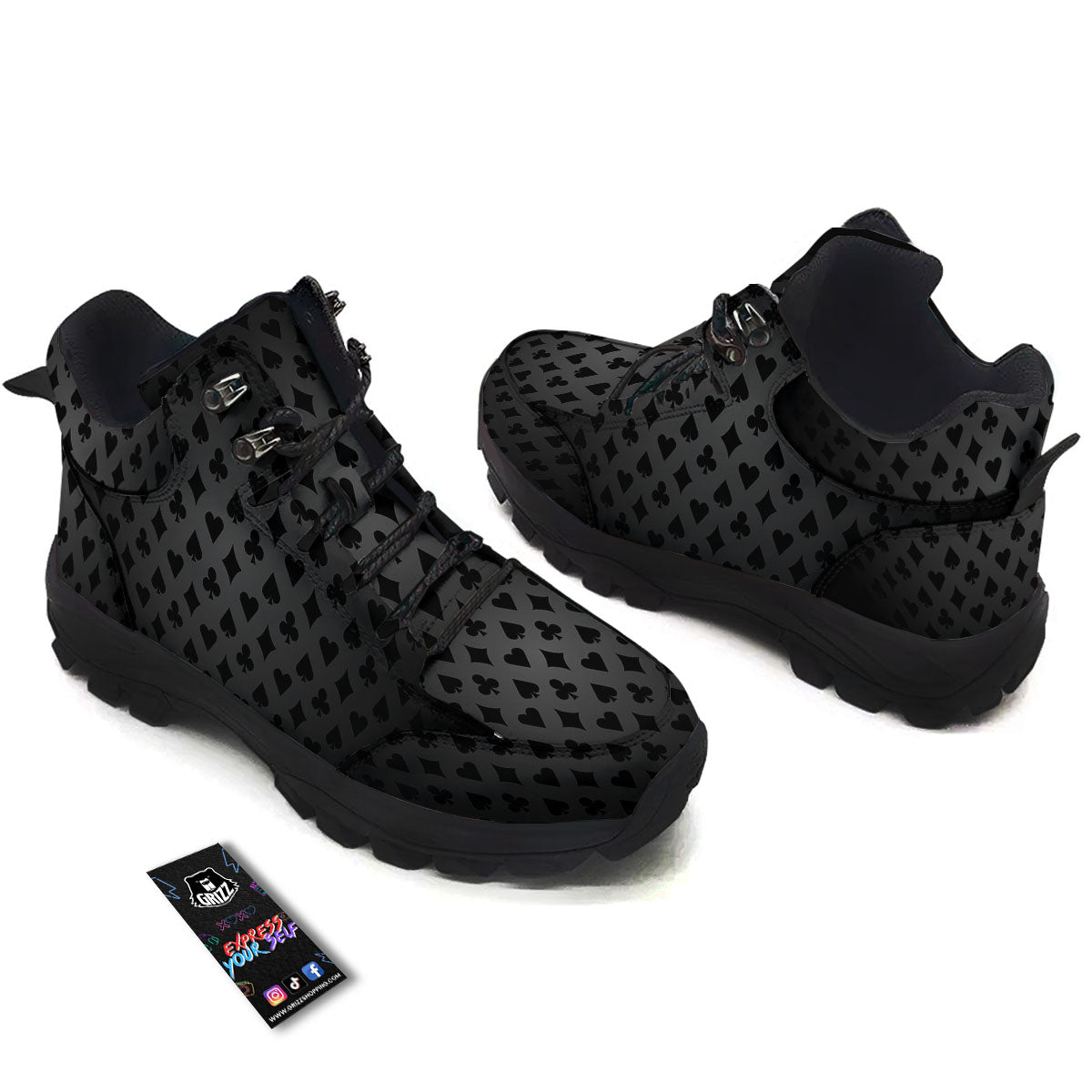 Playing Card Suits Grey And Black Print Hiking Shoes-grizzshop