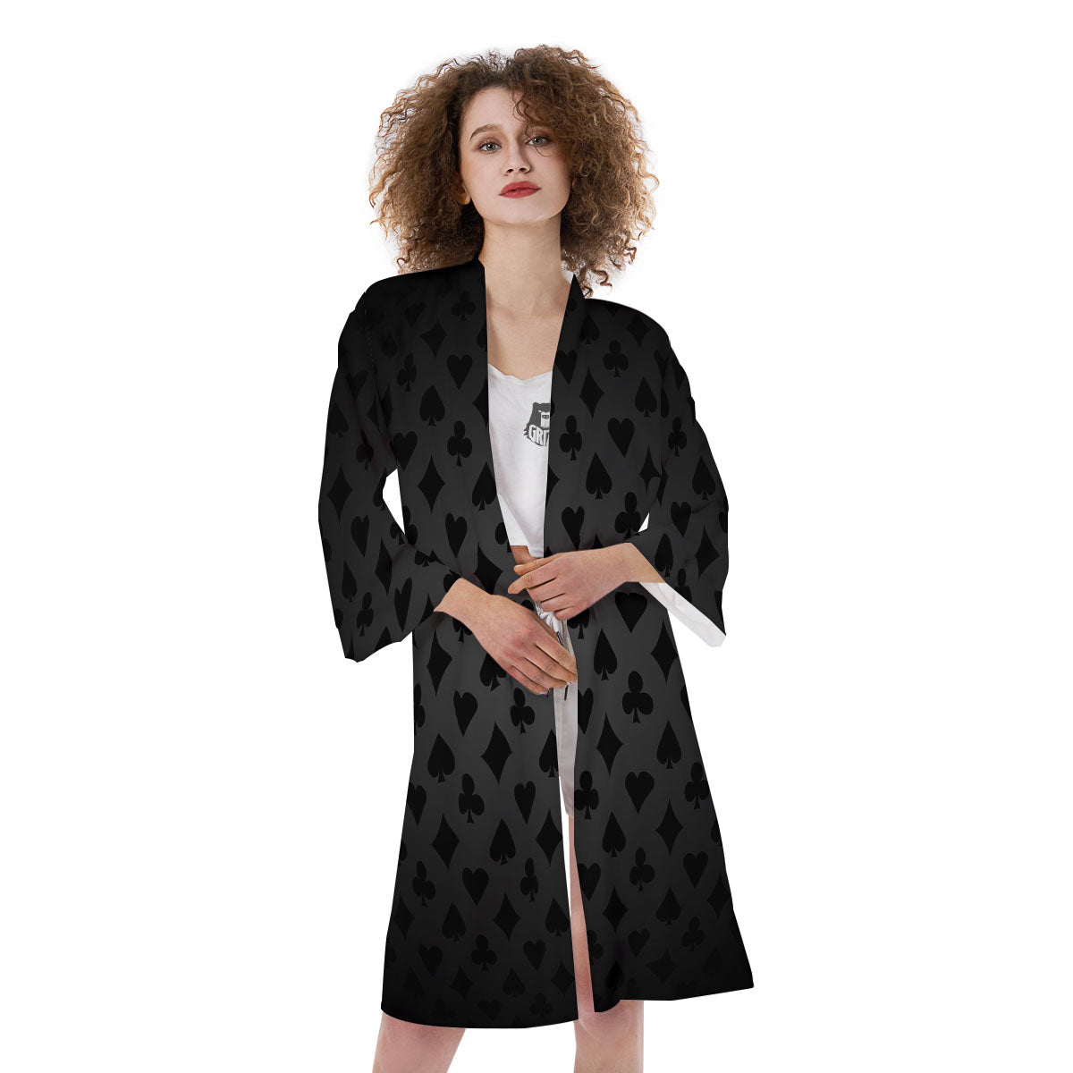 Playing Card Suits Grey And Black Print Kimono-grizzshop