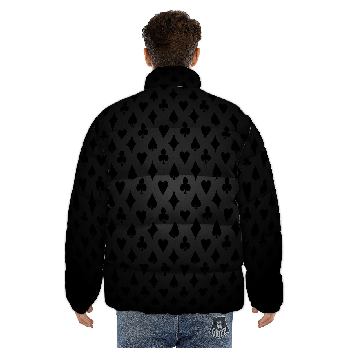 Playing Card Suits Grey And Black Print Puffer Jacket-grizzshop