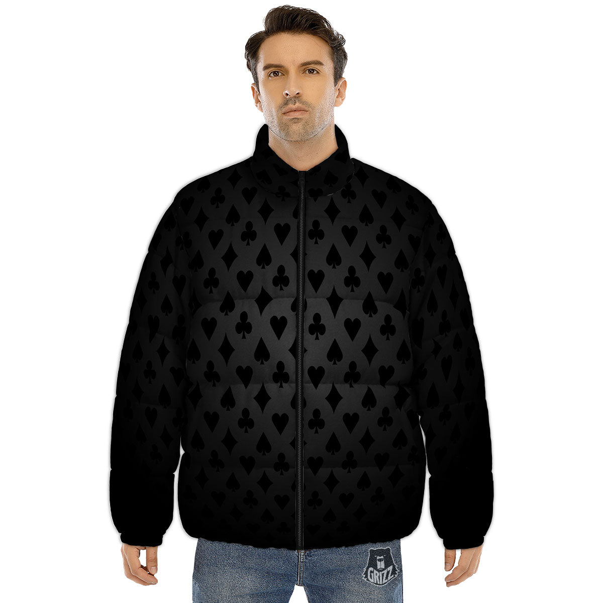 Playing Card Suits Grey And Black Print Puffer Jacket-grizzshop