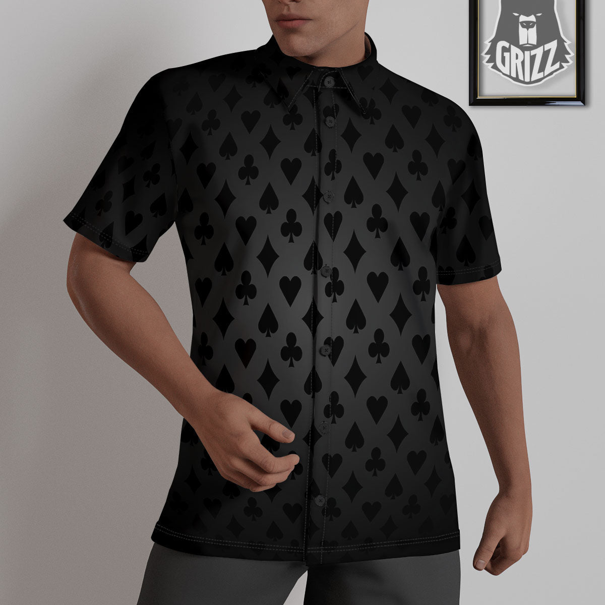 Playing Card Suits Grey And Black Print Untucked Shirts-grizzshop