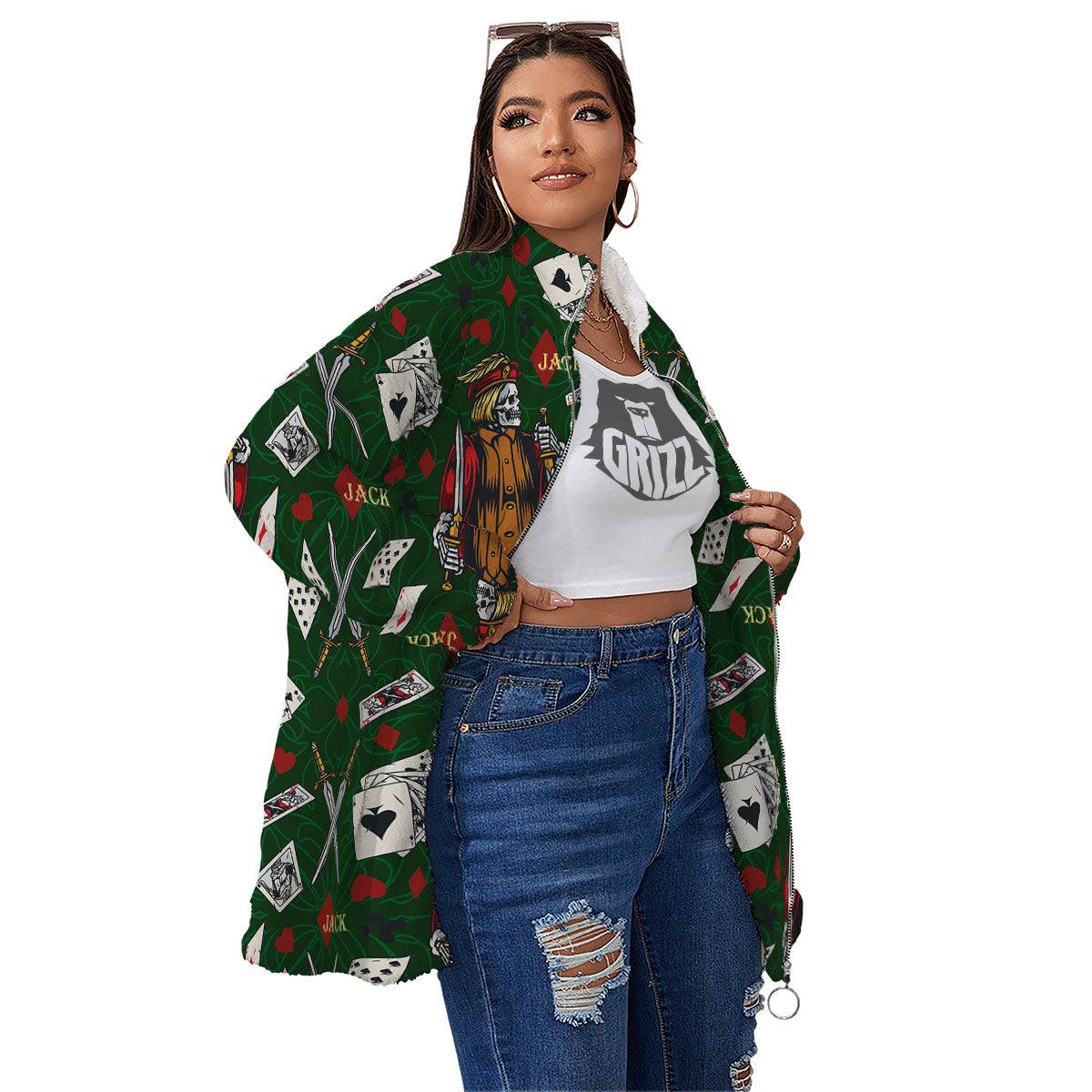 Playing Card Suits Poker Print Pattern Women's Sherpa Jacket-grizzshop