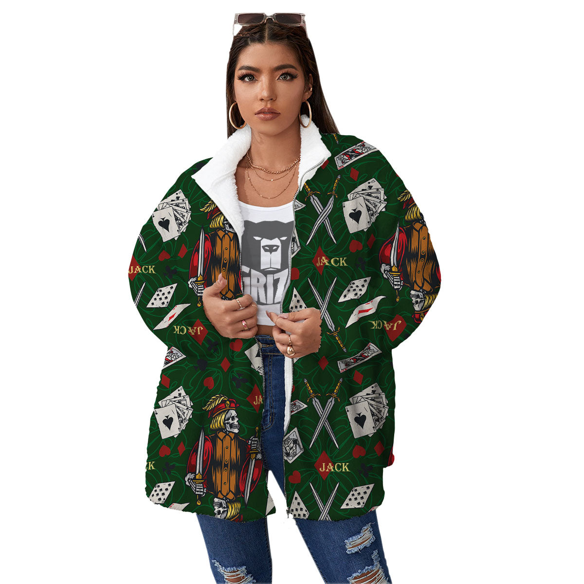 Playing Card Suits Poker Print Pattern Women's Sherpa Jacket-grizzshop