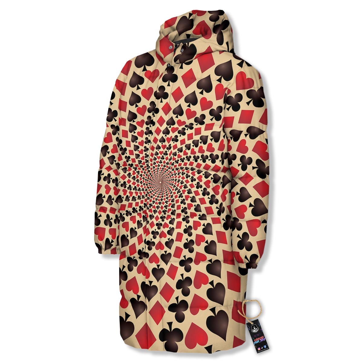 Playing Card Suits Swirl Print Long Down Jacket-grizzshop
