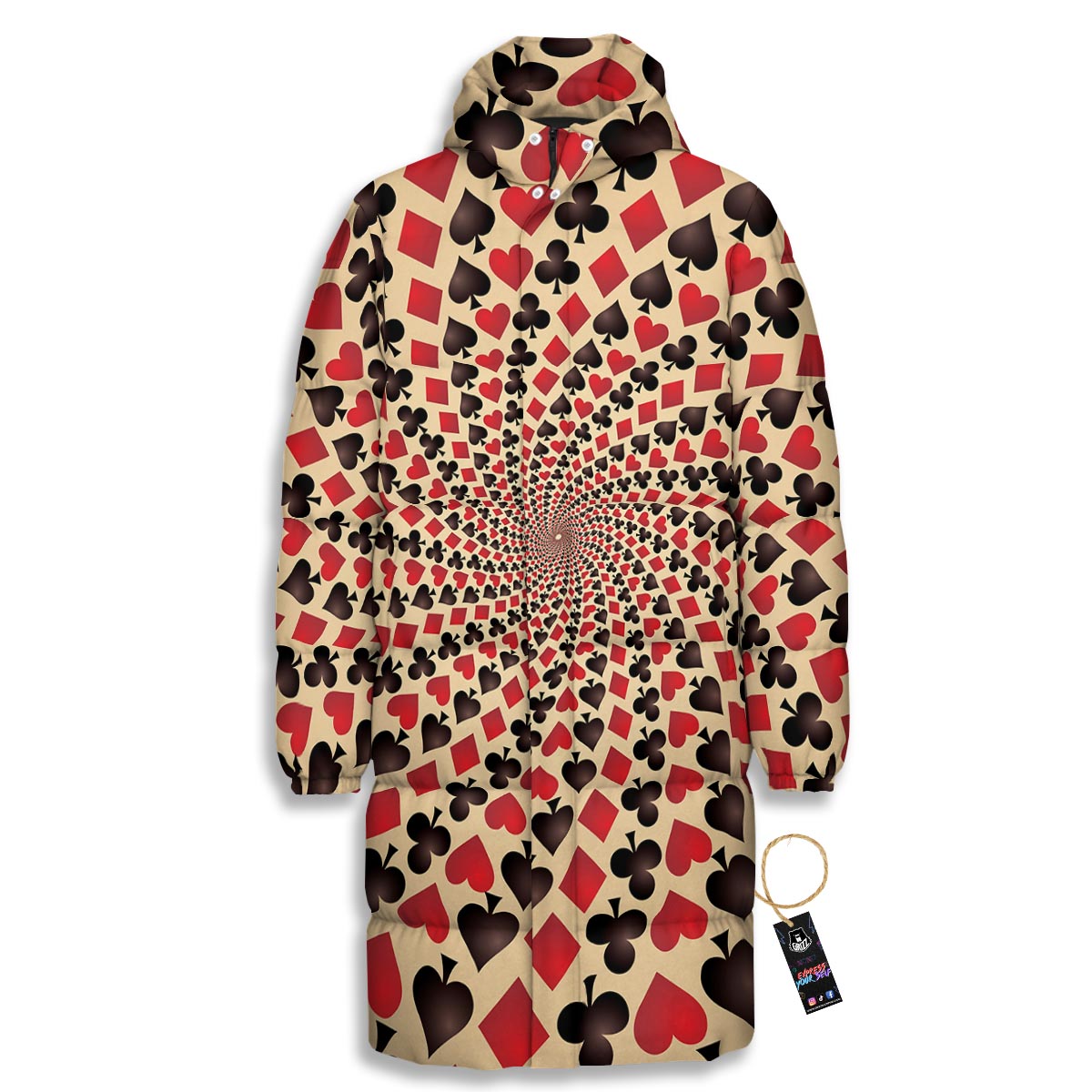 Playing Card Suits Swirl Print Long Down Jacket-grizzshop