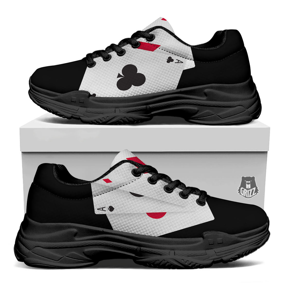Playing Card Suits White And Black Print Black Chunky Shoes-grizzshop