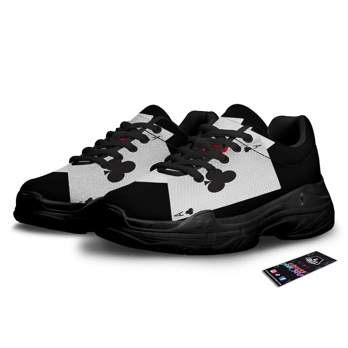Playing Card Suits White And Black Print Black Chunky Shoes-grizzshop