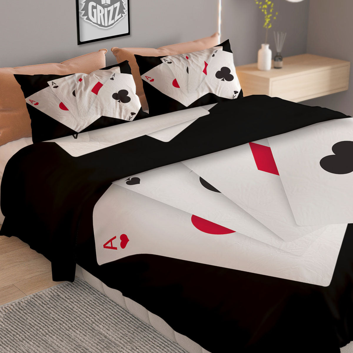 Playing Card Suits White And Black Print Duvet Cover Bedding Set
