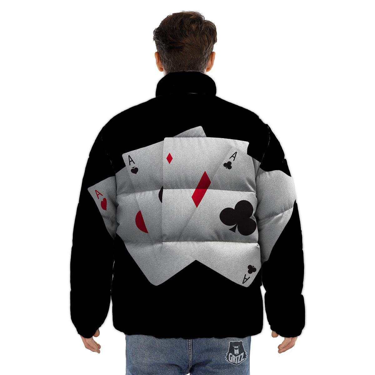 Playing Card Suits White And Black Print Puffer Jacket-grizzshop