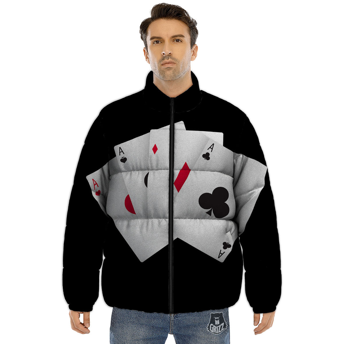 Playing Card Suits White And Black Print Puffer Jacket-grizzshop
