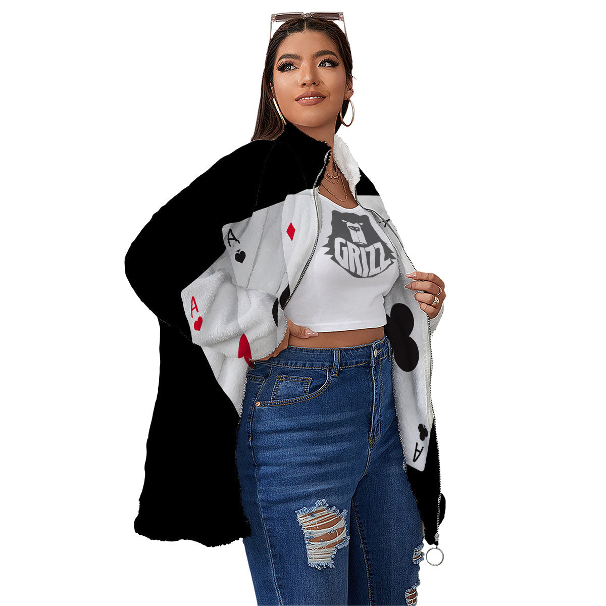 Playing Card Suits White And Black Print Women's Sherpa Jacket-grizzshop