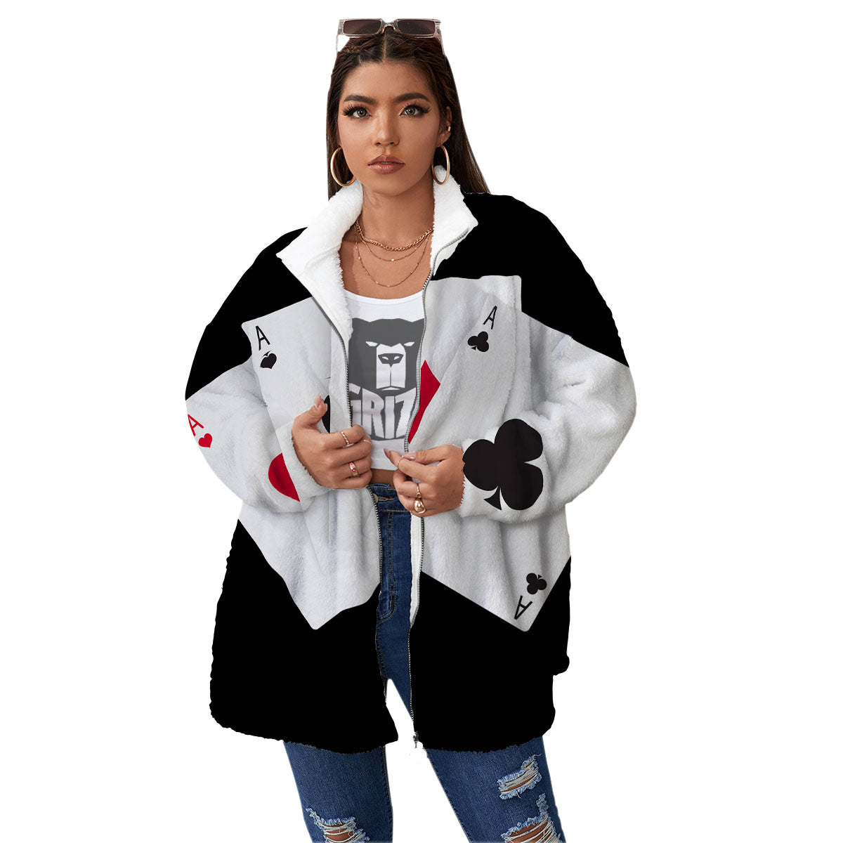 Playing Card Suits White And Black Print Women's Sherpa Jacket-grizzshop
