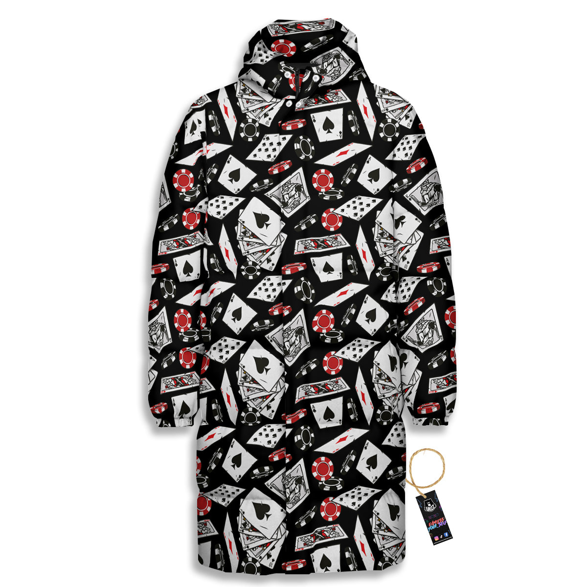 Playing Cards Ace Print Pattern Long Down Jacket-grizzshop
