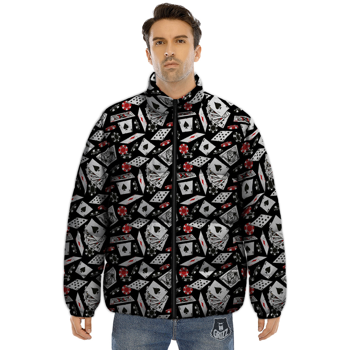 Playing Cards Ace Print Pattern Puffer Jacket-grizzshop