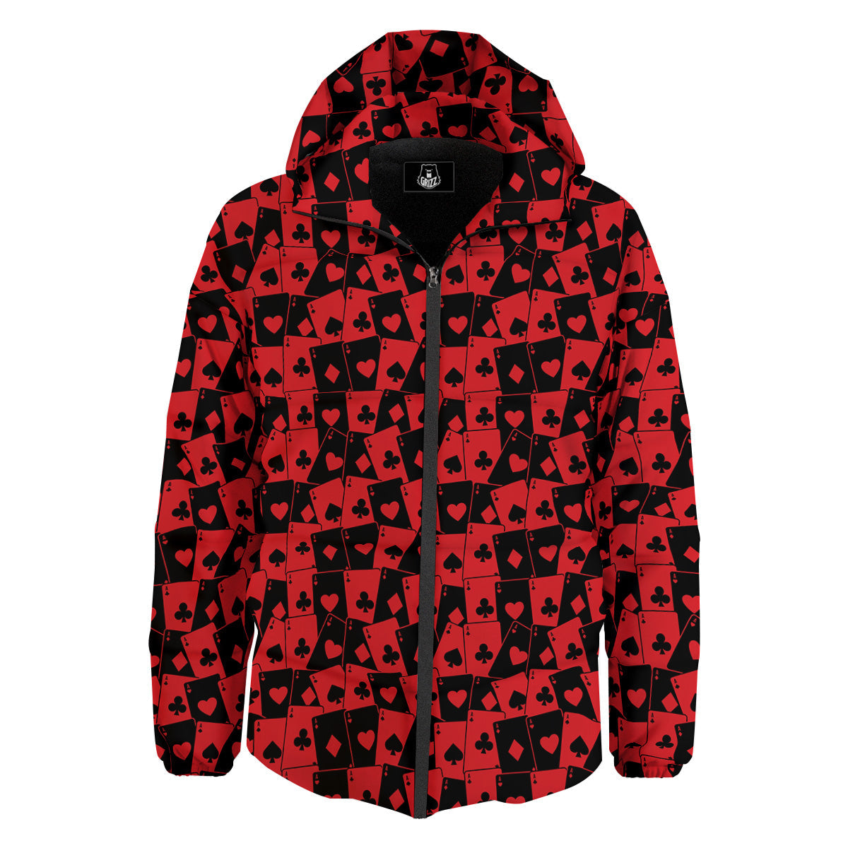 Playing Cards Black Red Print Pattern Down Jacket-grizzshop