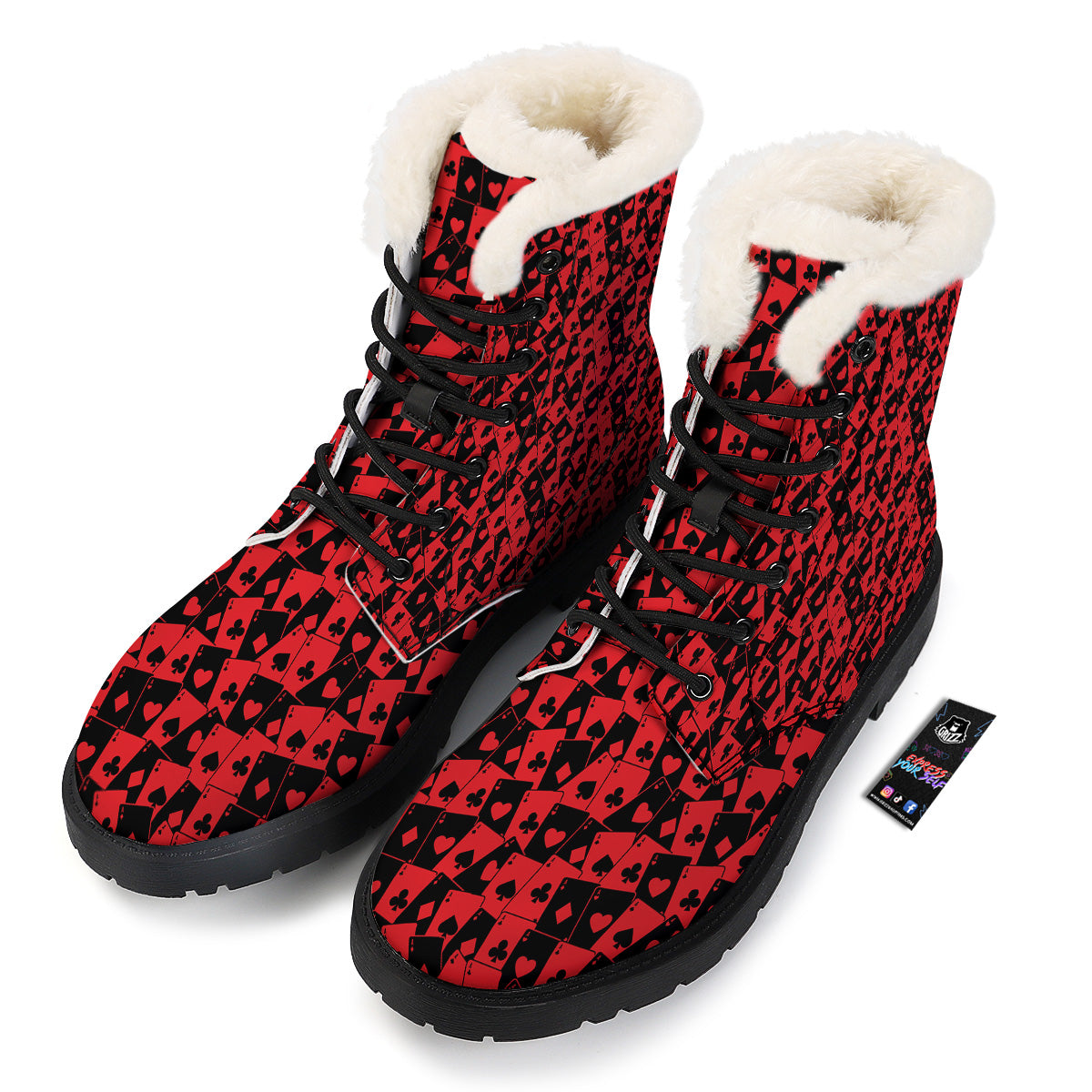 Playing Cards Black Red Print Pattern Winter Boots-grizzshop