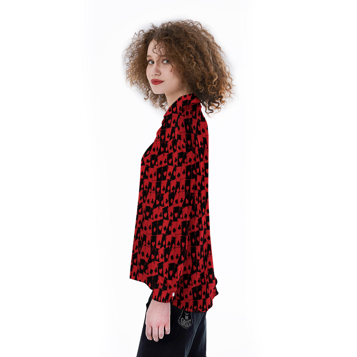 Playing Cards Black Red Print Pattern Women's Long Sleeve Shirts-grizzshop