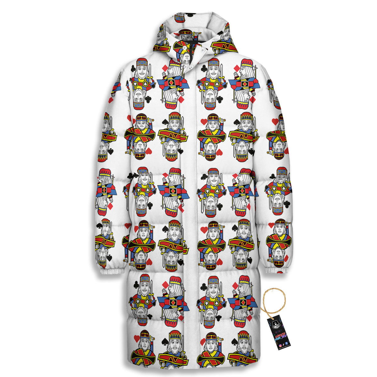 Playing Cards Four Kings Print Pattern Long Down Jacket-grizzshop