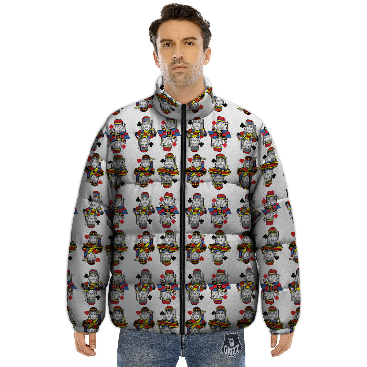 Playing Cards Four Kings Print Pattern Puffer Jacket-grizzshop