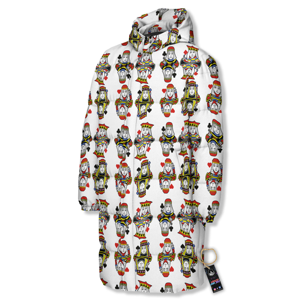 Playing Cards Four Queens Print Pattern Long Down Jacket-grizzshop