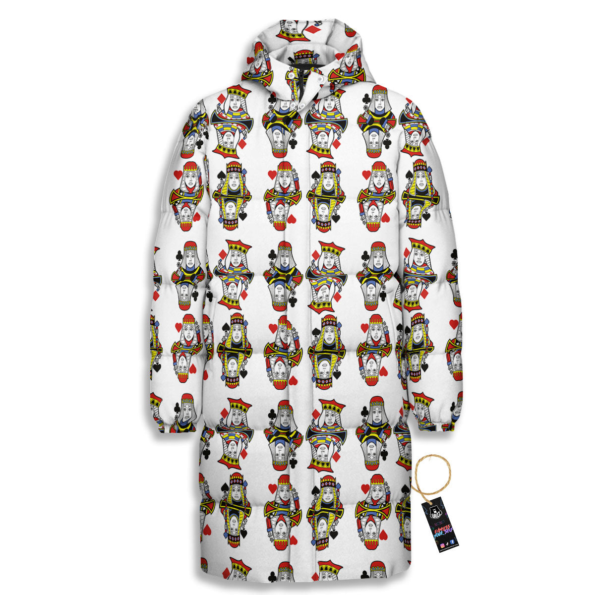 Playing Cards Four Queens Print Pattern Long Down Jacket-grizzshop