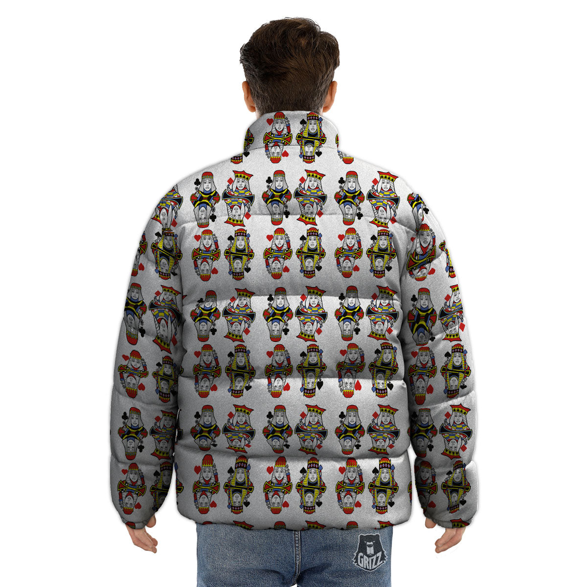 Playing Cards Four Queens Print Pattern Puffer Jacket-grizzshop