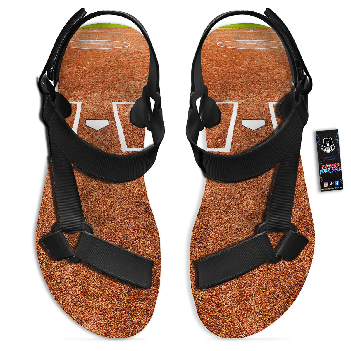 Playing Field Softball Print Black Open Toe Sandals-grizzshop
