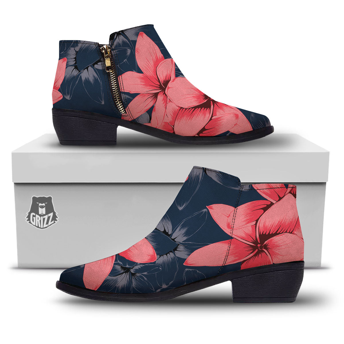 Plumeria Flower Pink Print Ankle Boots-grizzshop