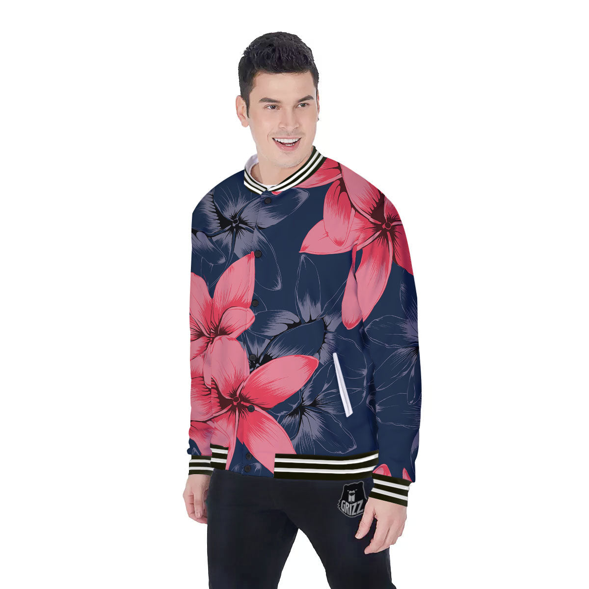 Plumeria Flower Pink Print Baseball Jacket-grizzshop