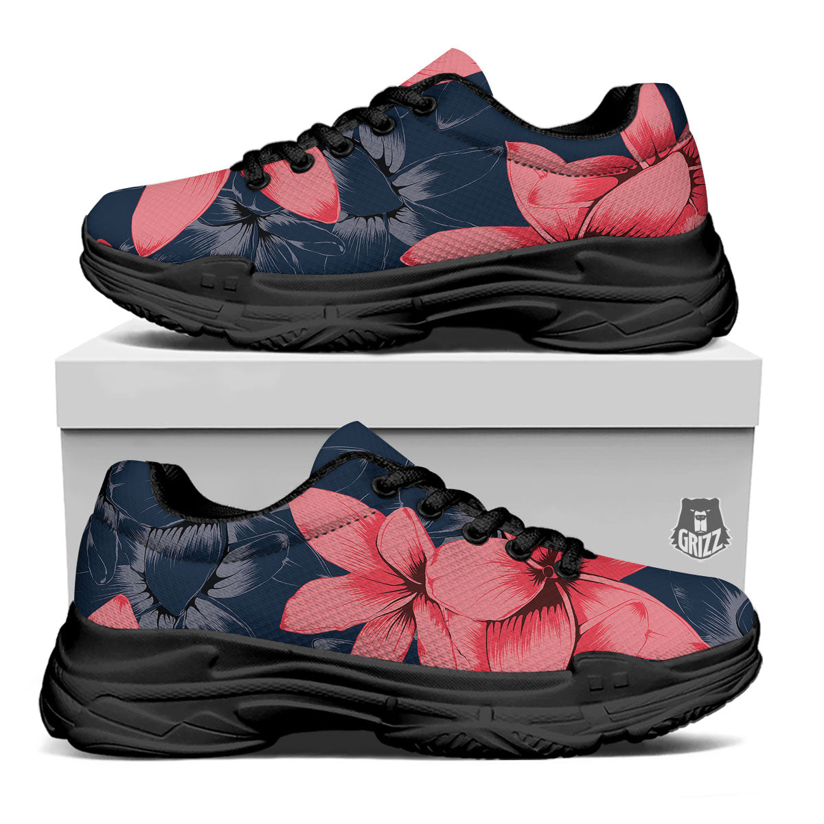 Plumeria Flower Pink Print Black Chunky Shoes-grizzshop