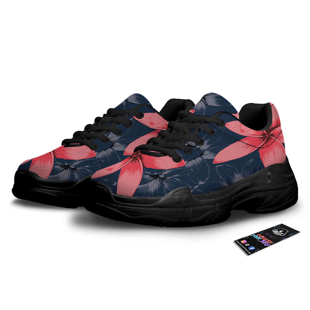 Plumeria Flower Pink Print Black Chunky Shoes-grizzshop