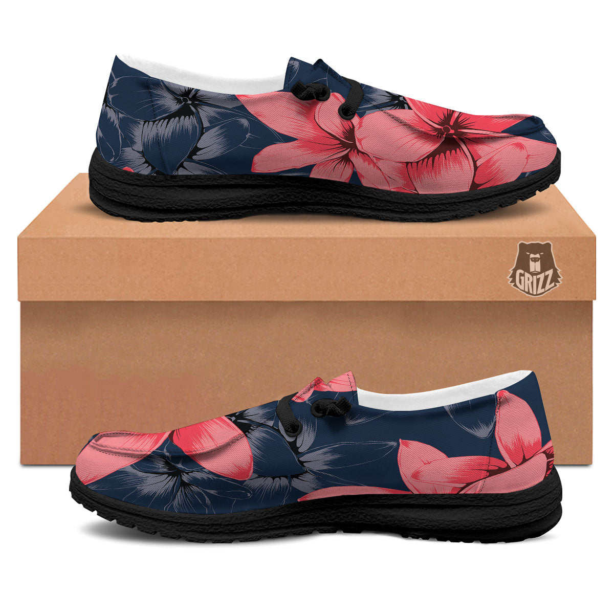 Plumeria Flower Pink Print Black Loafers-grizzshop