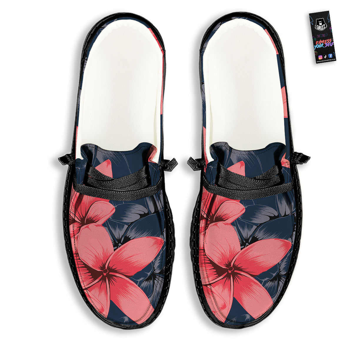 Plumeria Flower Pink Print Black Loafers-grizzshop