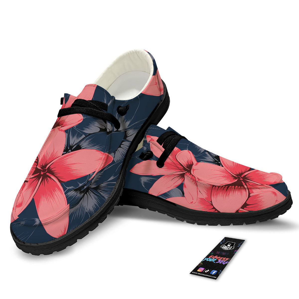 Plumeria Flower Pink Print Black Loafers-grizzshop