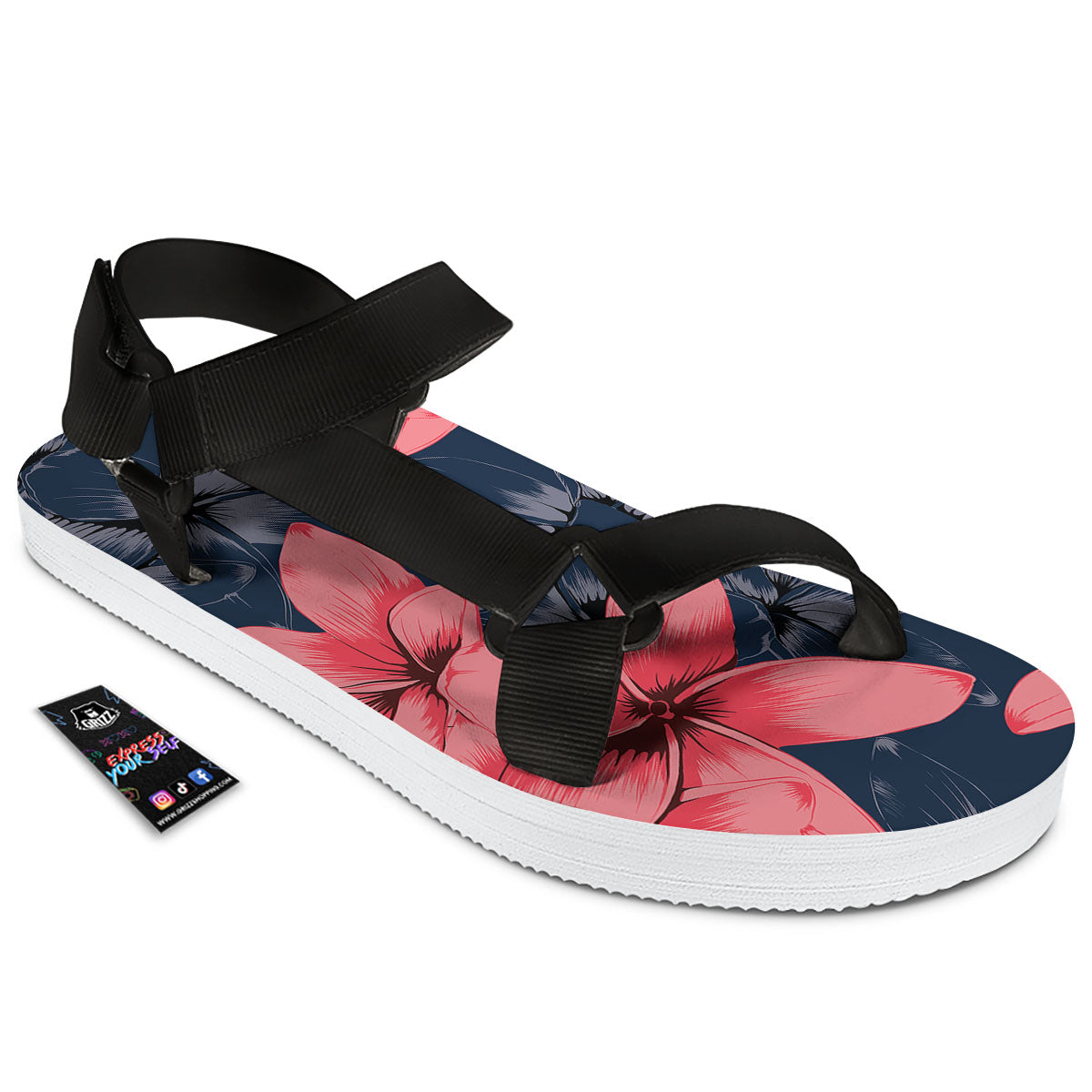 Plumeria Flower Pink Print Black Open Toe Sandals-grizzshop