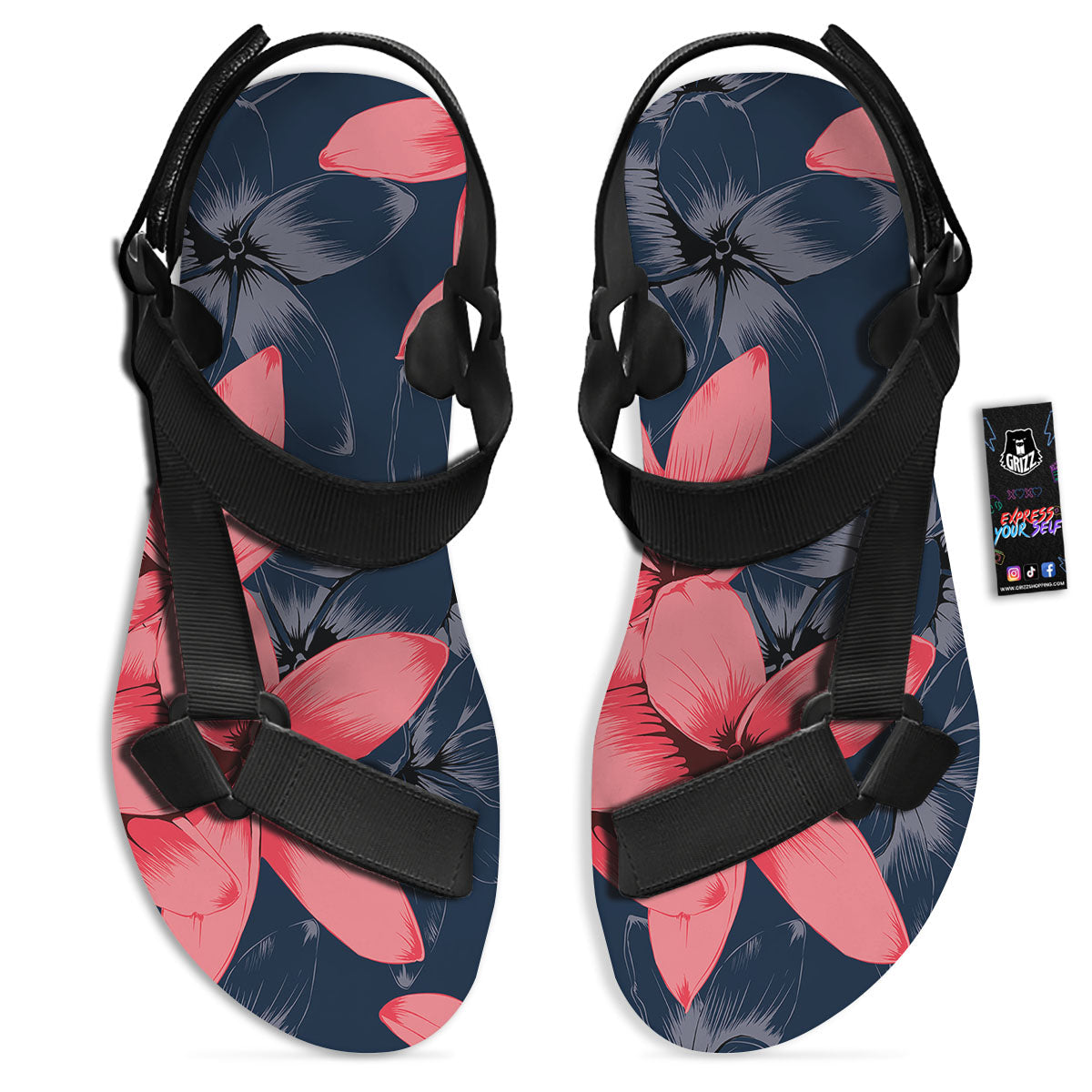 Plumeria Flower Pink Print Black Open Toe Sandals-grizzshop