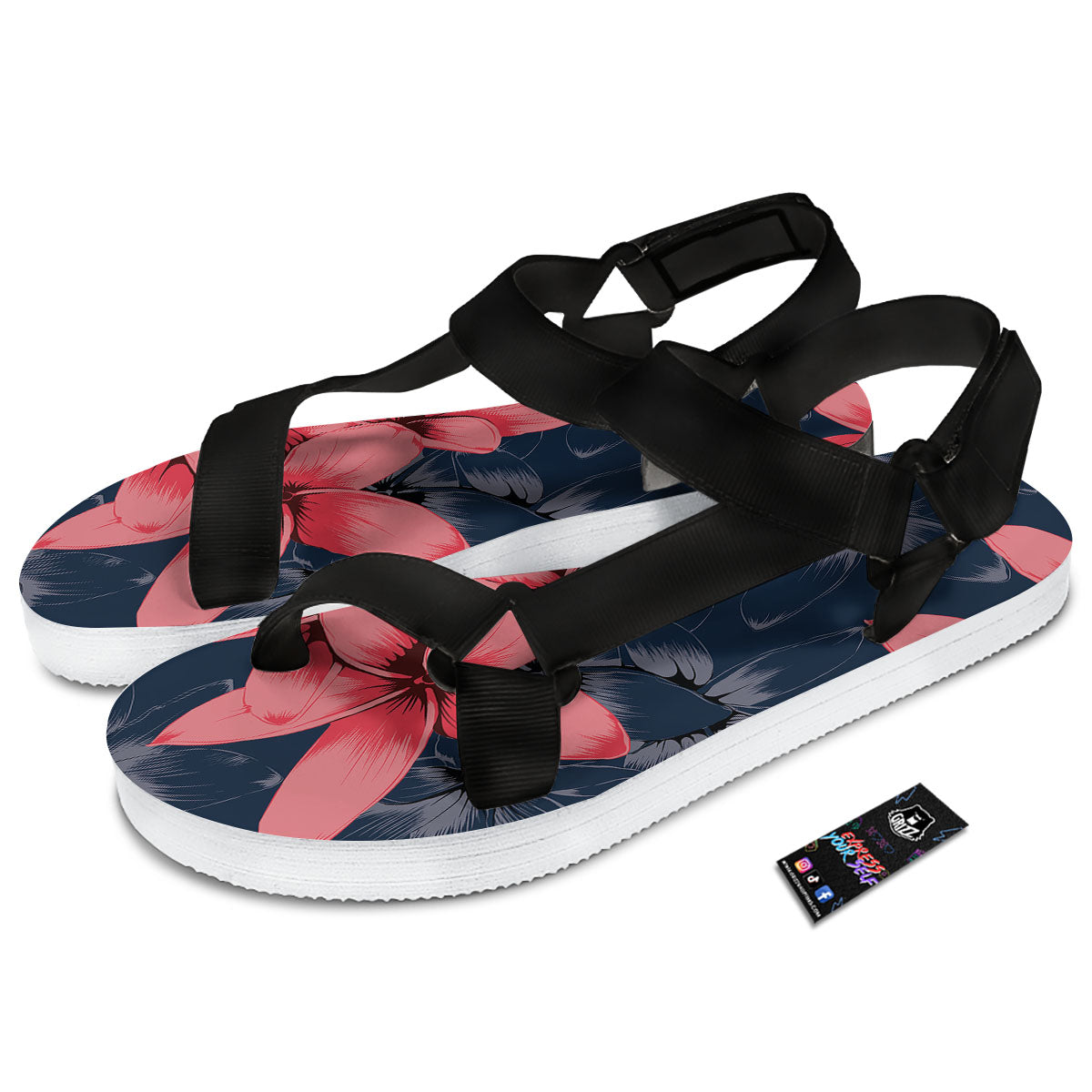 Plumeria Flower Pink Print Black Open Toe Sandals-grizzshop